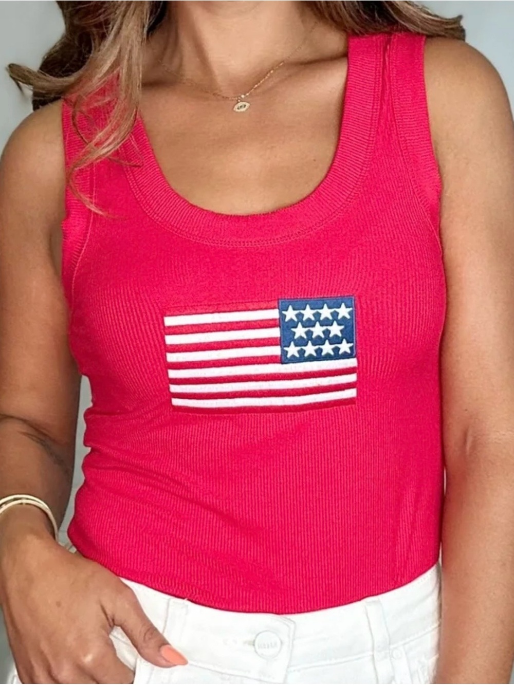 Zenana Outfitters Red Ribbed Tank Top with American Flag Graphic